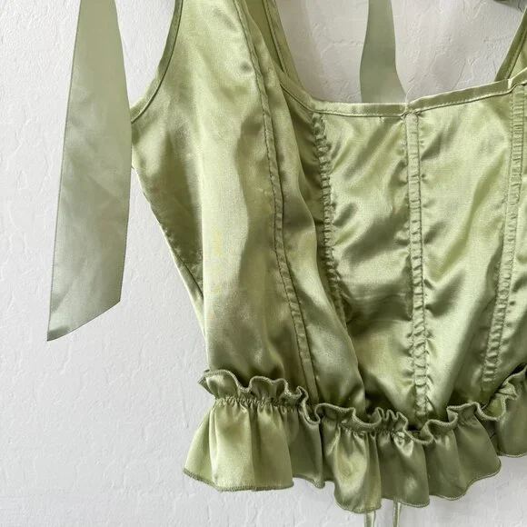 Lime Green Satin Tie Shoulder Lace Up Corset - Picture 9 of 9